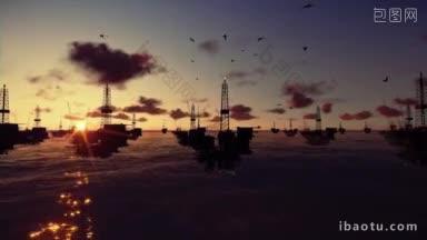 海洋里的石油钻塔时间经过日出